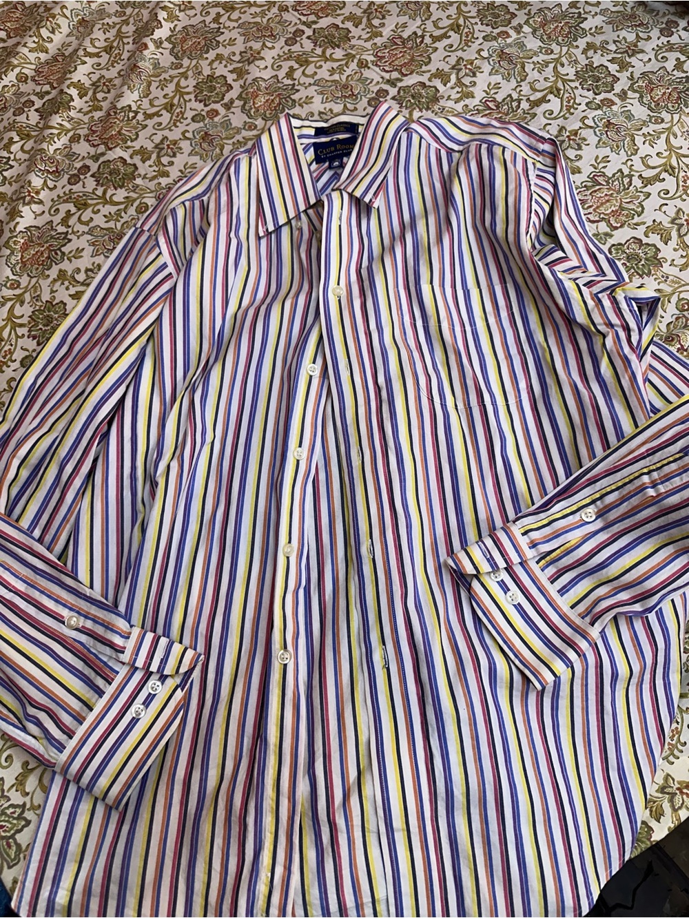 100% cotton Club Room Men’s Multi-Stripe Dress Shirt in White, Blue, Yellow, Red